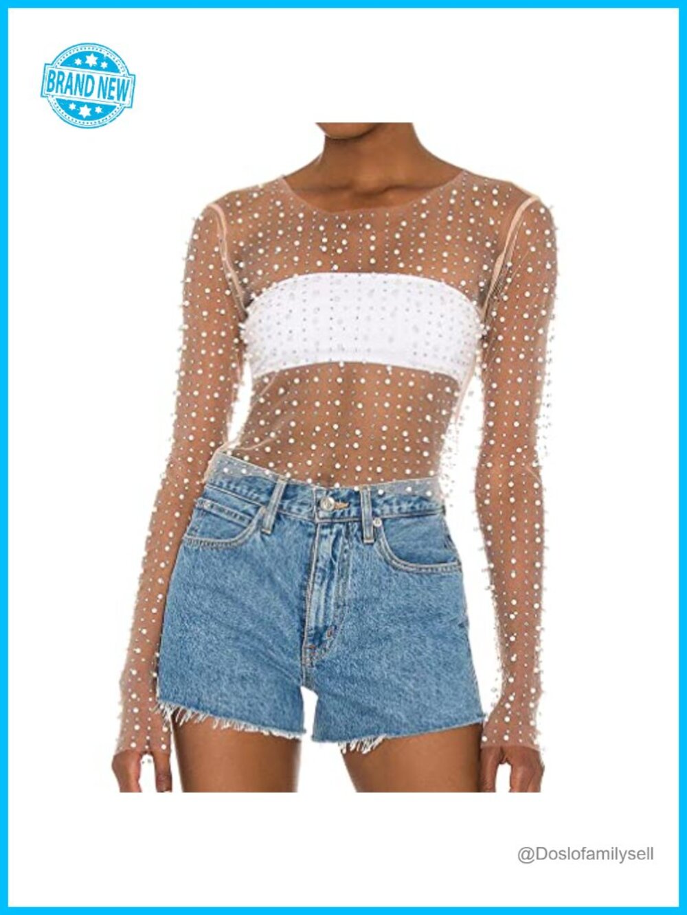 Pearl Rhinestone Sheer Mesh Long Sleeve Crop Top Slim Fit Clubwear